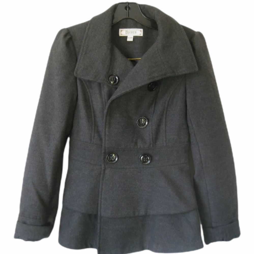 Decree Dark Grey Peacoat Double Breasted Collared Tiered Hem Winter Coat Medium